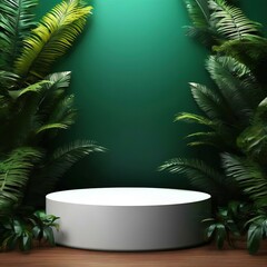empty 3d podium for product design against tropical leaves background.