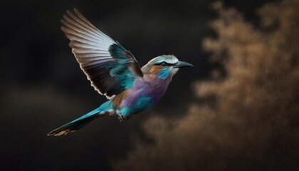 lilac breasted roller coracias caudatus flying away in kruger national park in south africa - obrazy, fototapety, plakaty