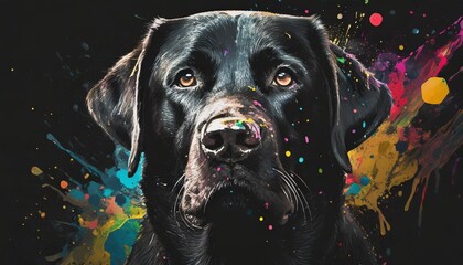 digital painting of a labrador retriever head with colorful splashes