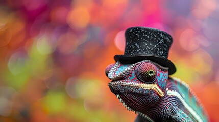 Fototapeta premium Chameleon Wearing a Tiny Top Hat Blending into Vibrant Colorful Background