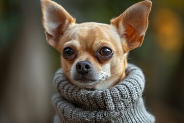 Close up Portrait of a Cozy Chihuahua Puppy in a Knitted Sweater Emphasizing the Allure of Miniature Dog Breeds - obrazy, fototapety, plakaty