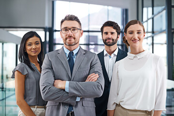 Portrait, collaboration and leadership with business people arms crossed in office together for corporate management. Company, trust and manager with team in workplace for professional partnership