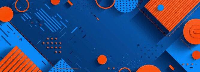 Blue background with geometric stripes and arrow shapes in orange color