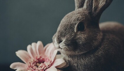 cute easter bunny with flower on pastel color background happy easter concept