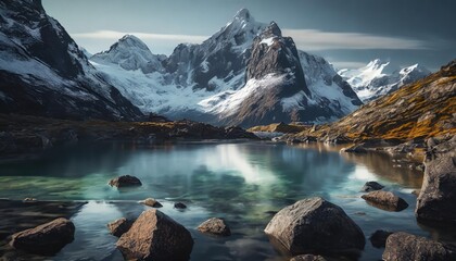 a mountain range with a body of water in the foreground and rocks in the foreground and snow capped mountains in the background - Powered by Adobe