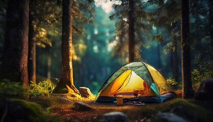 camping background with blurred forest background and tent outdoor nature background ai generative image - obrazy, fototapety, plakaty
