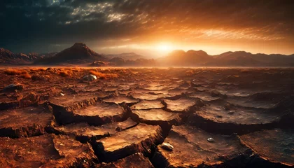 Fototapete dramatic sunset over cracked earth desert landscape background © Robert
