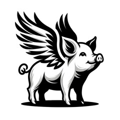 Obraz premium flying pig black and white simple minimalistic logo icon tattoo vector style illustration
