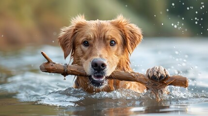 Golden Retriever Dog Paddling through Water to Retrieve a Wooden Stick Showcasing Perseverance and the Love of Water Play - obrazy, fototapety, plakaty