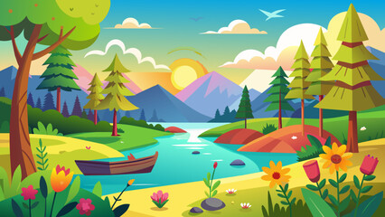 Fototapeta na wymiar sun-forest-fields-lake-flowers-boat vector illustration 