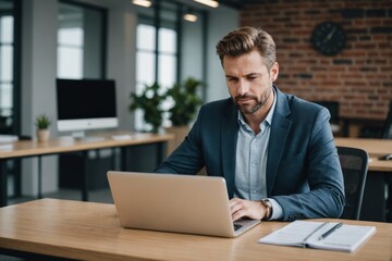 Fototapeta premium Businessman working on laptop computer at table in office