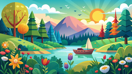 Obraz na płótnie Canvas sun-forest-fields-lake-flowers-boat vector illustration 