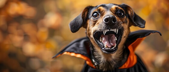 Close-up of a playful dog in a vampire costume showing off fake fangs in a nature-filled autumn environment. - obrazy, fototapety, plakaty