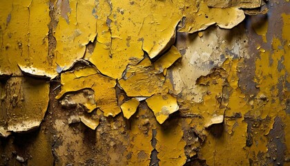 a detailed close up of a yellow metal surface with chipped and peeling paint revealing the textures and wear of the material