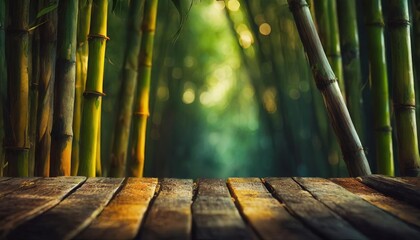 wooden empty and blur bamboo forest background