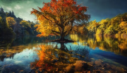 colorful foliage tree in calm lake water on a beautiful autumn day