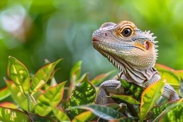 Vibrant Green Water Dragon Peeking Through Lush Foliage in Tropical Habitat