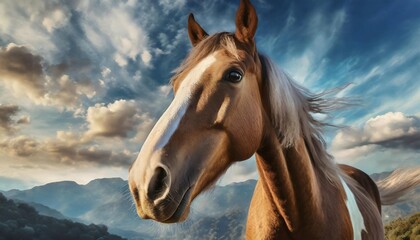 a close up of a horse s face with a blue sky and clouds in the background and a few clouds in the sky