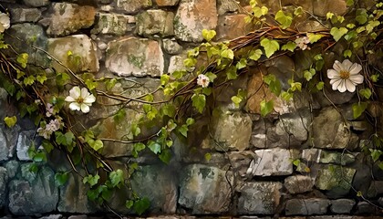 flowers and vines painting on stone wall - obrazy, fototapety, plakaty