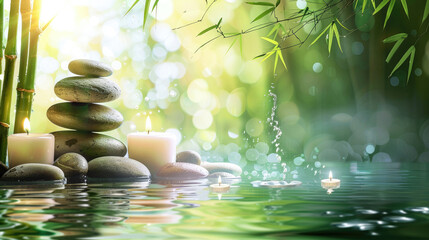 An image displaying a serene spa environment with bamboo sticks, candles on water, and a sense of...