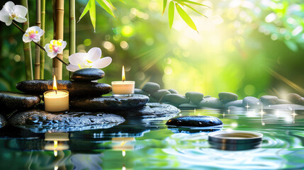 A stunning setup of a zen-like environment incorporating blooming flowers, rocks, water, candles, and bamboo