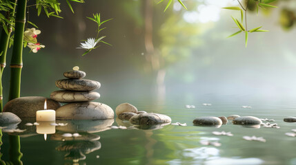 Naklejka premium This image captures the essence of a zen garden with stacked stones, calm water, and the soft presence of green bamboo and white flowers