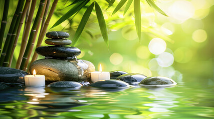 A calm and inviting image of lit candles among smooth stones in a water zen garden, surrounded by bamboo and greenery