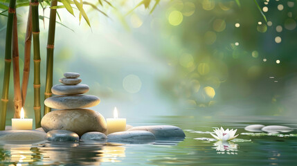 This image showcases a peaceful stone stack and candles surrounded by natural elements and soft, natural light