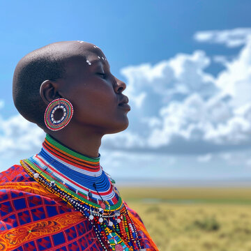 Beautiful, strong and proud Masai woman in her traditional outfir standing against blue sku on sunny day