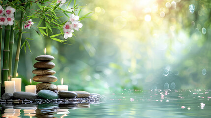 A Zen-inspired image with stacked stones, flickering candles, and blooming pink flowers beside calm waters