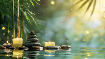 An enchanting zen arrangement with stacked stones, glowing candles, and magical fairy lights,...