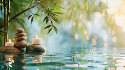 Candles, pebbles, and bamboo create a tranquil water scene, evoking serenity and the concept of zen in this image