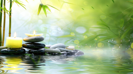 Calm and composed zen garden scene with stacked rocks, candles, and pristine water amidst bamboo and greenery