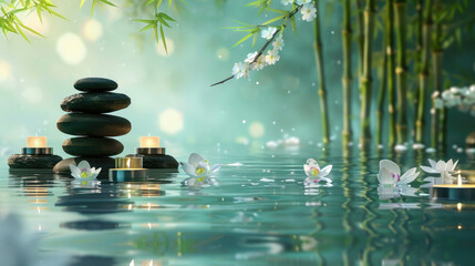 Peaceful zen-inspired scene featuring balanced stones, candles, bamboo, and water reflecting a...