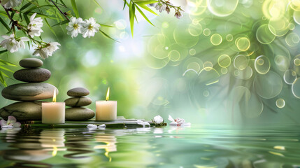 A peaceful Zen inspired scene with stacked stones surrounded by water and blooming white flowers, invoking relaxation