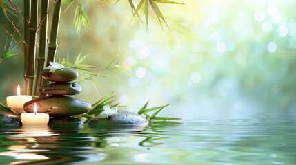 A reflective and Zen-centric scene with lit candles and bamboo emerging from the water, symbolizing...