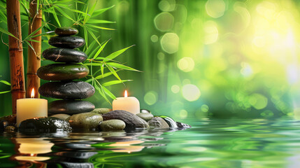 A tranquil composition with stacked stones, candles, and bamboo reflecting on water, evoking a sense of peace and balance