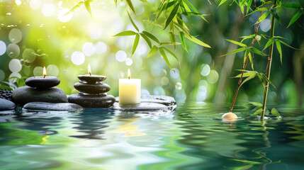 Smooth stones and candles floating on calm waters surrounded by greenery, convey a relaxing spa experience aimed at rejuvenation