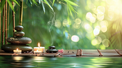 A serene and peaceful image showcasing a balance of Zen stones with tranquil candles by calming...