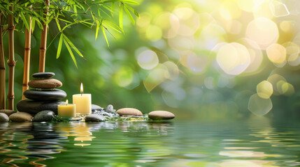 A serene zen garden setting featuring bamboo, carefully balanced rocks, a flickering candle, and...