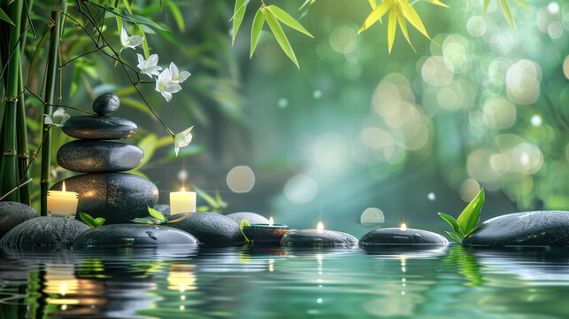 Candles set upon stones in a relaxing spa environment with lush greenery, creating a sense of tranquility and balance