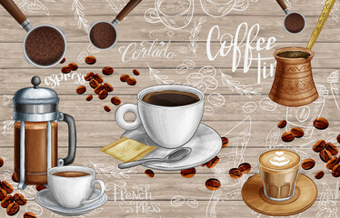 Coffee background with realistic cup of coffee
 - obrazy, fototapety, plakaty