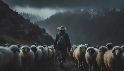 Fotobehang a shepherd guiding his flock of sheep generative ai © Robert