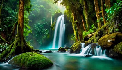 rainforest with waterfall - obrazy, fototapety, plakaty