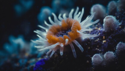 Naklejka na ściany i meble an image featuring a close up of an orange and white sea anemone on a blue and purple sea anemone background