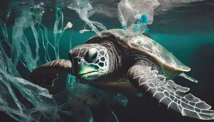 Draagtas generative ai illustration of a sea turtle navigates through ocean waters entangled with harmful plastic waste depicting the dire effects of pollution © Robert