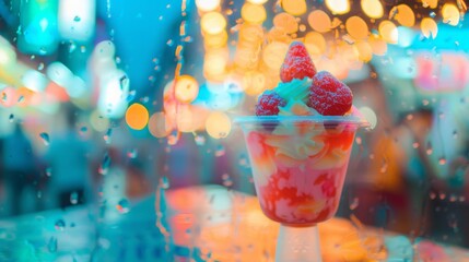 Naklejka premium A cup of ice cream and raspberries on a table