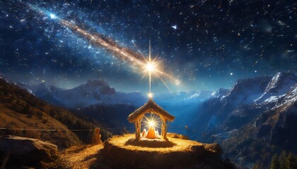 nativity of jesus the birth of jesus christ religious scene of the sagrada familia magic comet in the starry sky - obrazy, fototapety, plakaty