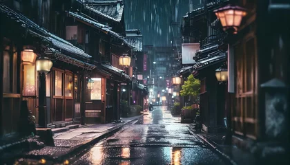Behangcirkel ai generated ai generative traditional japanese city town walking street night life in rain time cityscape adventure travel explore future cyberpunk asian vibe © Robert