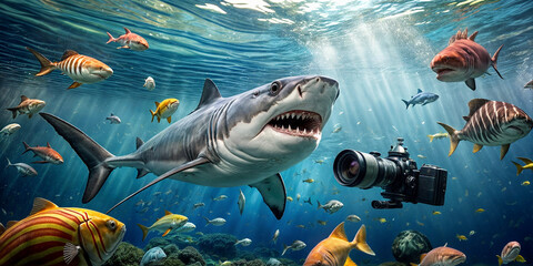 shark, diving, photography, camera, sea, vacation,
